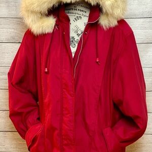 Vintage red parka style coat with real fox fur trimmed hood.